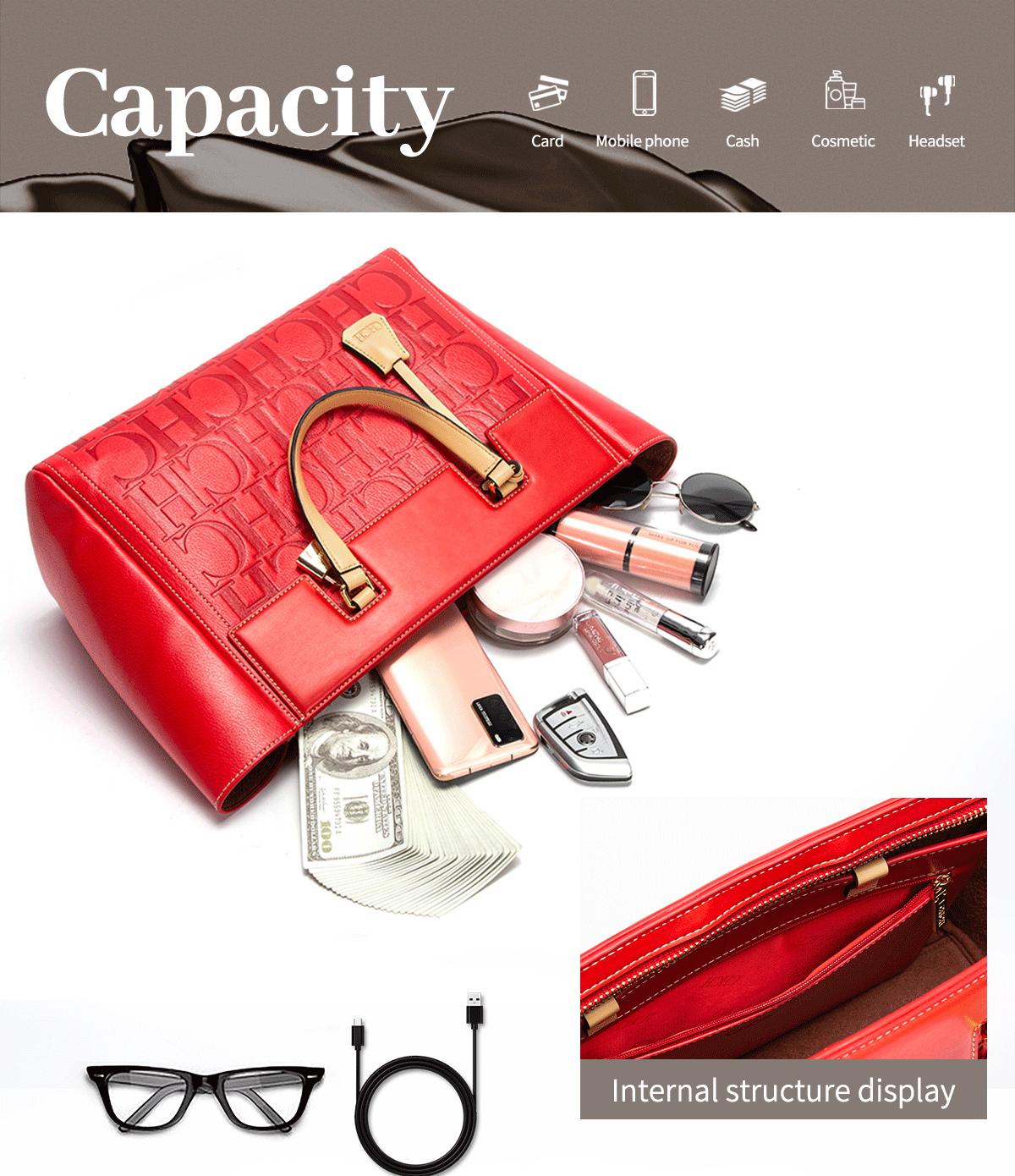 Large Capacity Embossed Tote Bag for Work, Office & Everyday Use