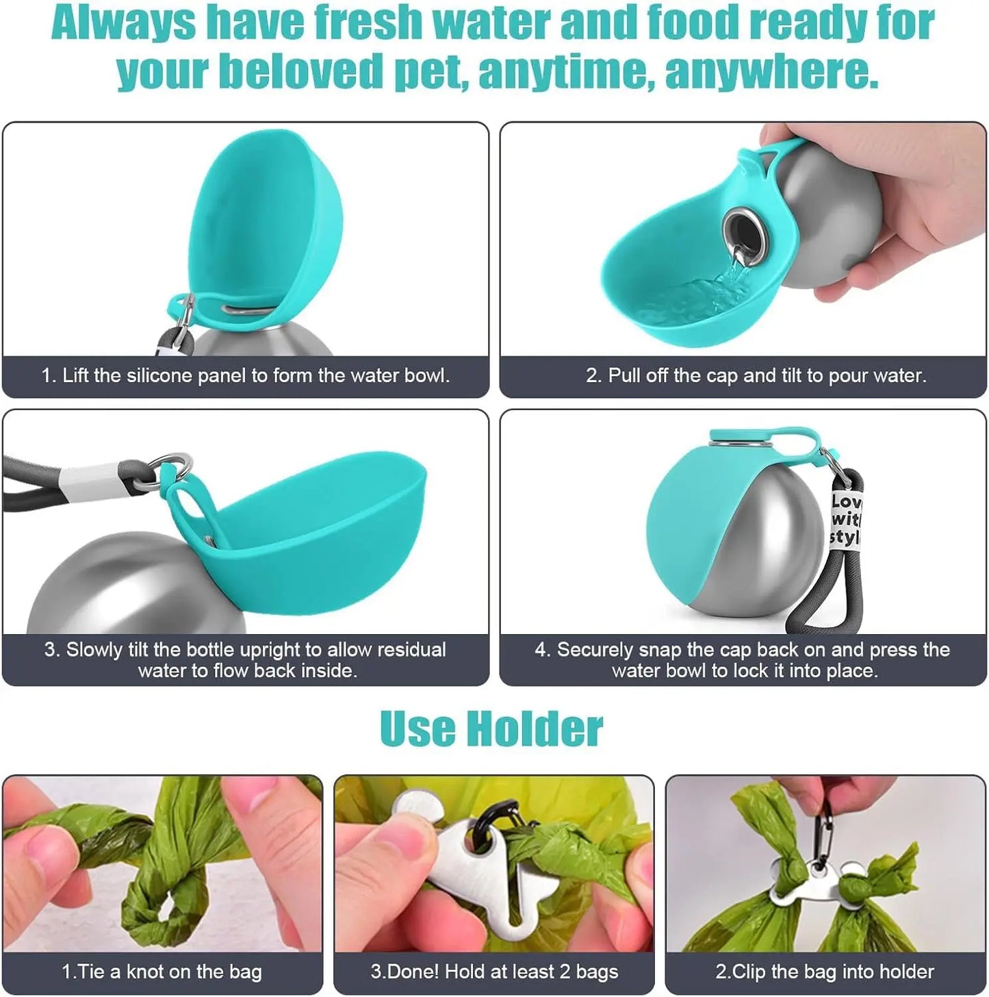 Portable Stainless Steel Dog Water Bottle with Collapsible Silicone Bowl