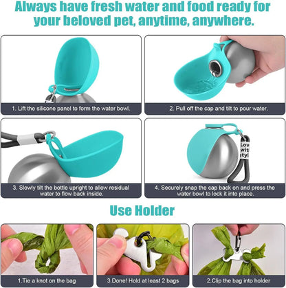 Portable Stainless Steel Dog Water Bottle with Collapsible Silicone Bowl