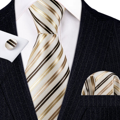 Barry Wang Jacquard Striped Silk Men's Tie Pocket Square Cufflinks Set