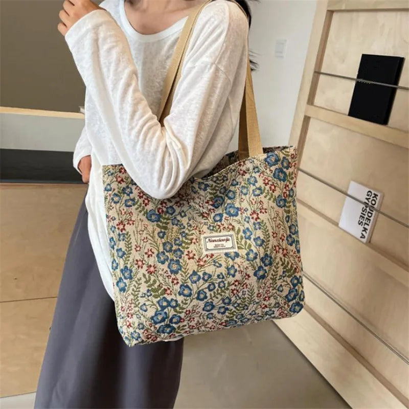 Embroidered Floral Canvas Tote Bag