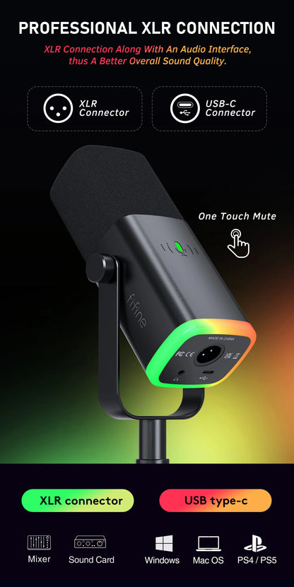 Professional USB & XLR Dynamic Streaming Microphone with RGB Lighting