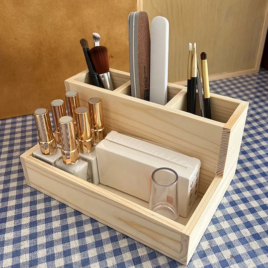 Wooden Multi-Compartment Makeup Organizer Box