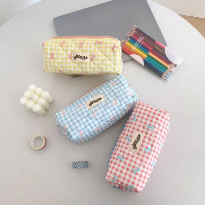 Fresh Plaid Bow Print Pencil Case
