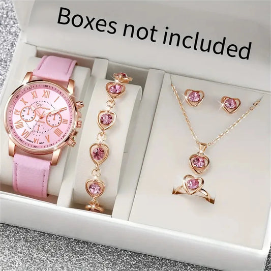 6Pcs/Set Watch Band Heart Rhinestone Jewelry Set(Without Box)