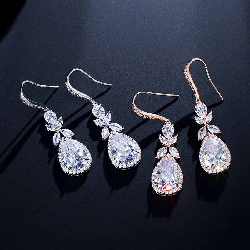 Zakol Elegant Shiny Cubic Zirconia Leaf Tassel Earrings