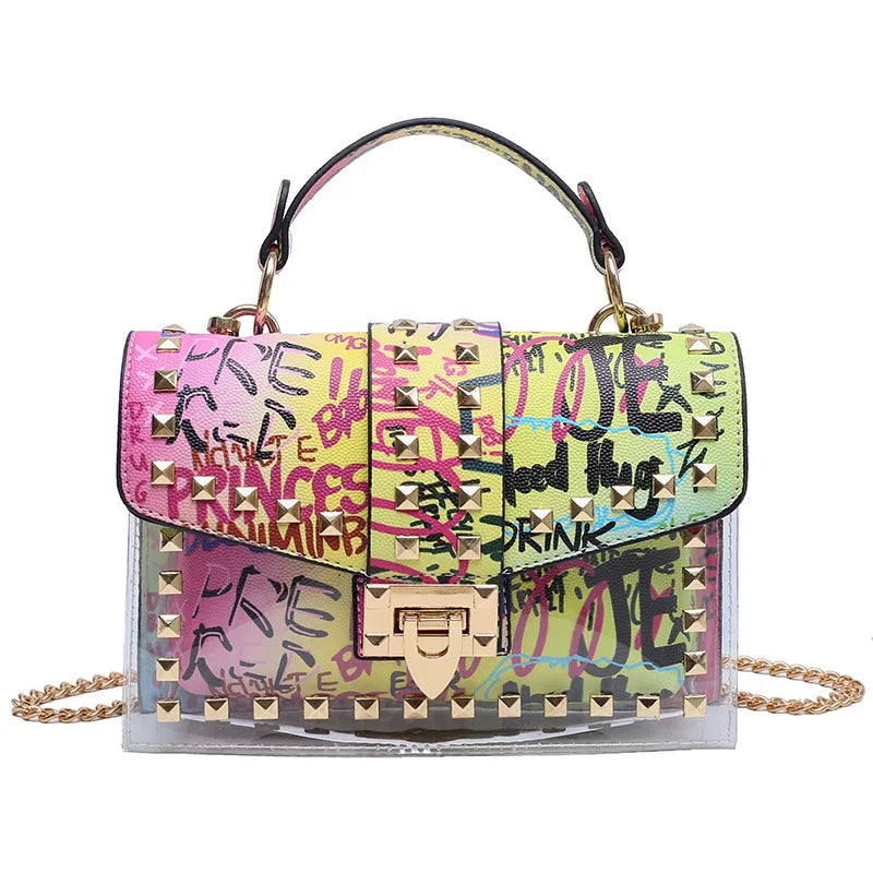 Studded Graffiti Crossbody Satchel Bag