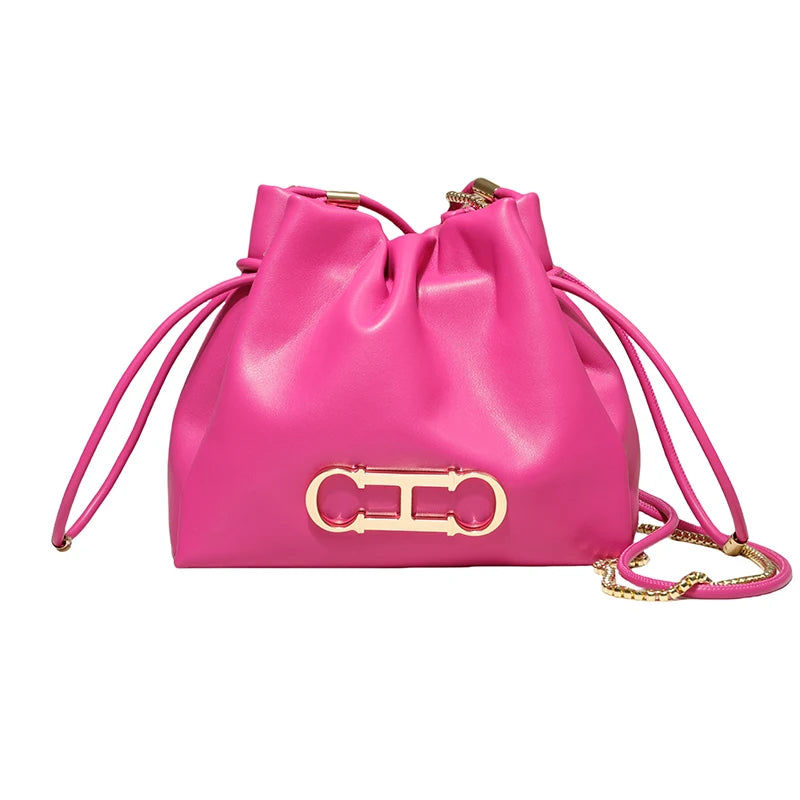 CH Drawstring Bucket Bag – PU Leather Gold Chain Handbag