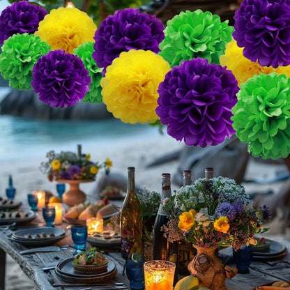 Mardi Gras Tissue Paper Pom Pom Decorations Set