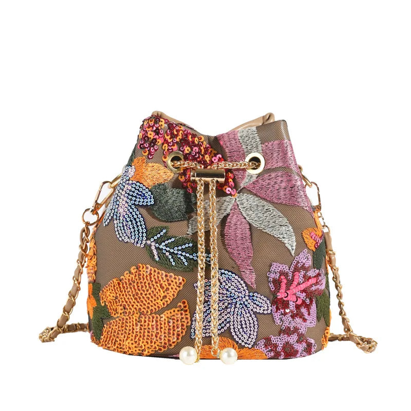Floral Embroidered Bucket Crossbody Bag