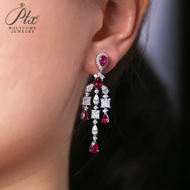 Vintage Moissanite Ruby Drop Earrings 925 Sterling Silver