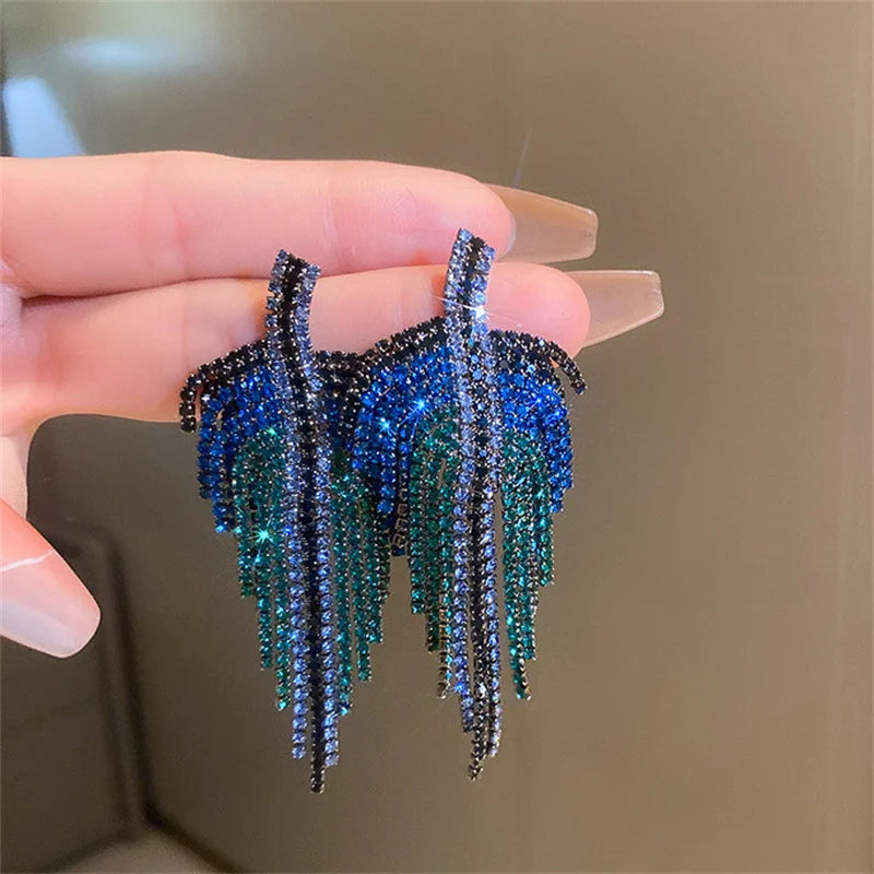 Blue Crystal Long Tassel Drop Earrings