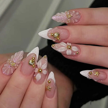 Long Almond Press On False Nails Set