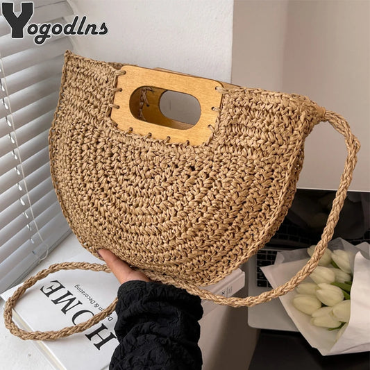 Bohemian Woven Straw Shoulder Tote Bag
