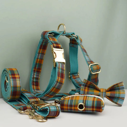 Personalized Plaid Dog Collar, Harness & Leash Set