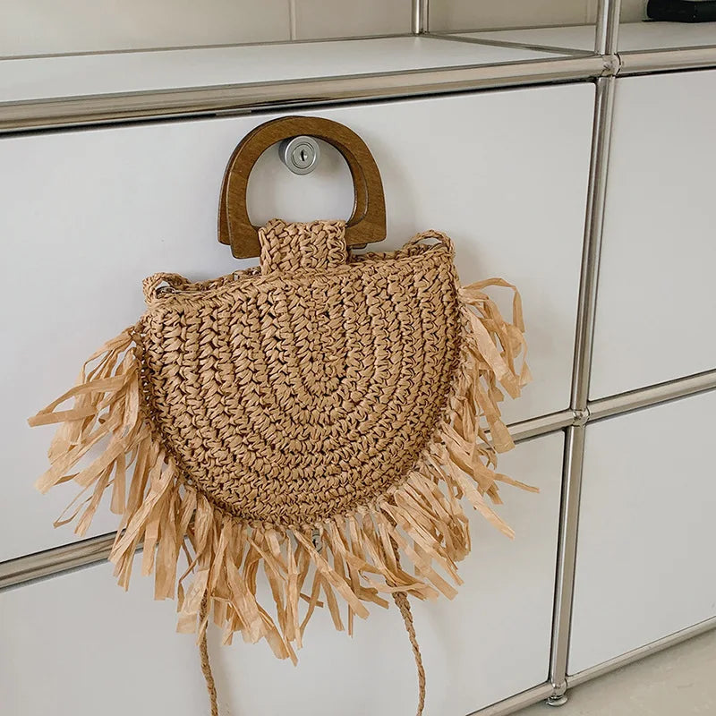 Handwoven Bohemian Straw Shopper Tote Bag