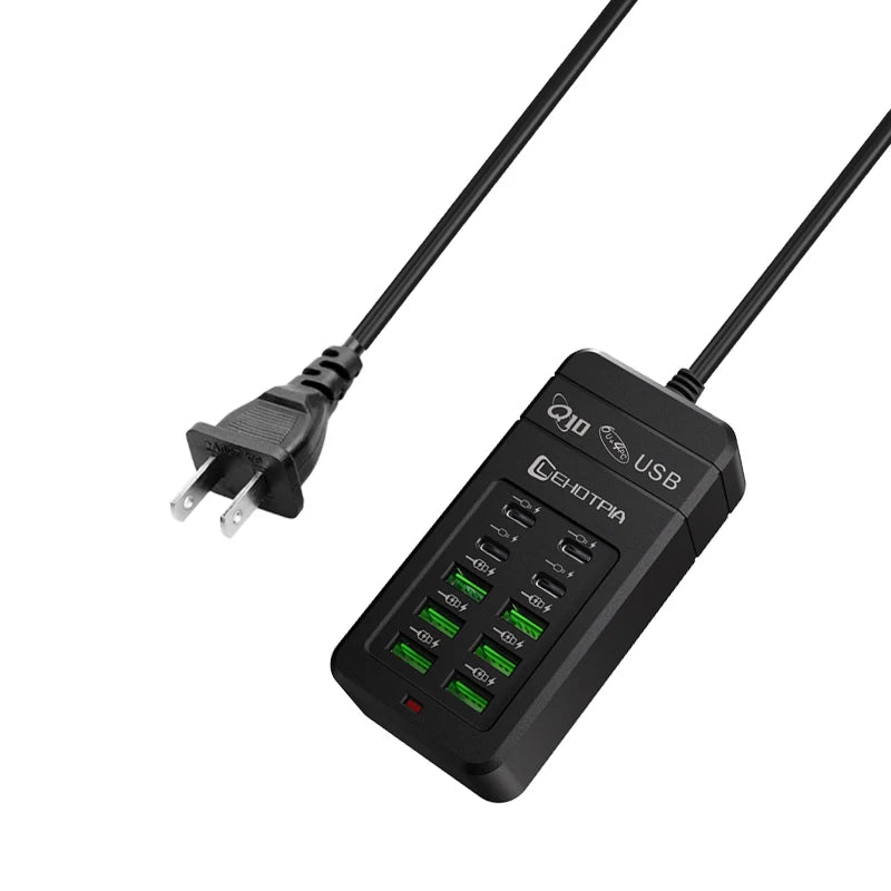 10-Port USB Charging Station with Multi-Plug Adapter