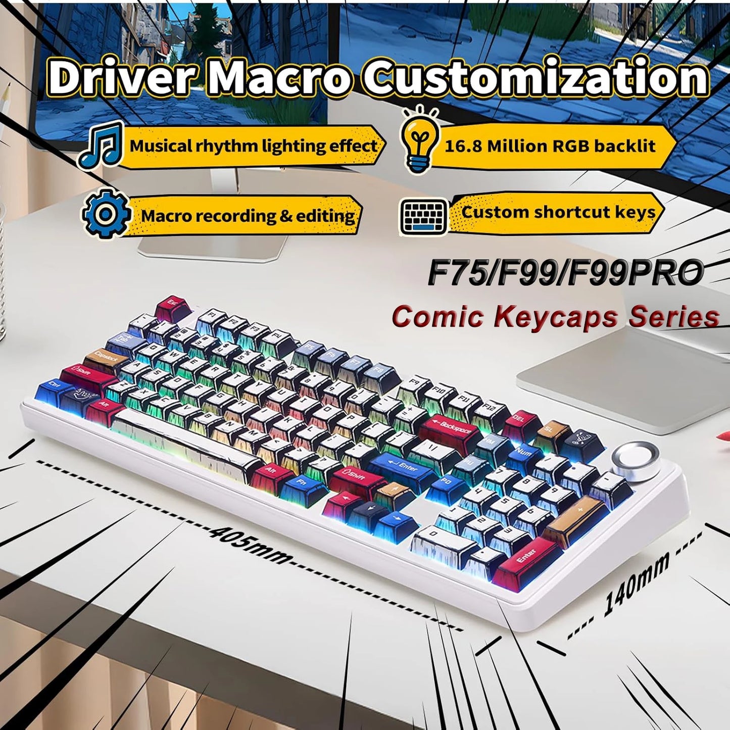 RGB Hot-Swappable Gaming Keyboard with PBT Comic Keycaps