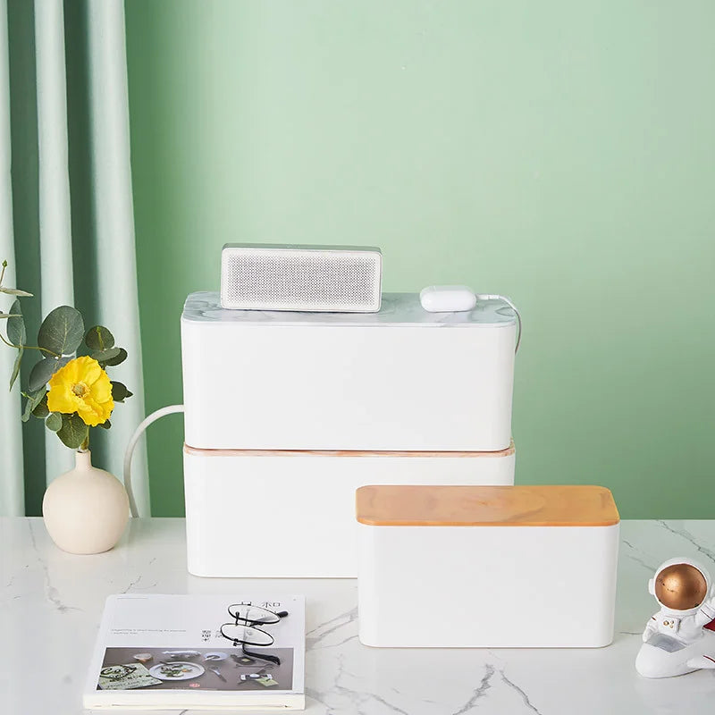 Wooden Cable Storage Box Power Strip Organizer