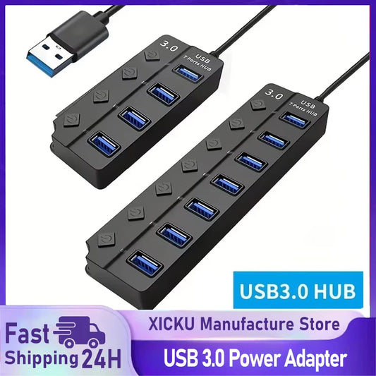 4/7-Port USB 3.0 Hub with LED Switch Power Adapter