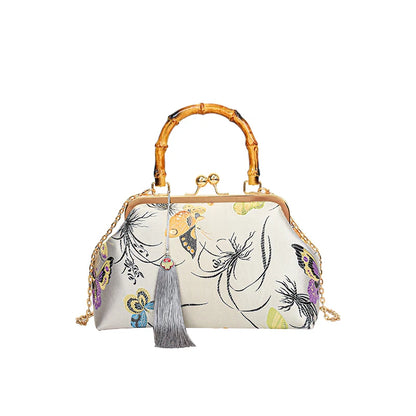 Luxury Embroidered Evening Handbag with Bamboo Handle
