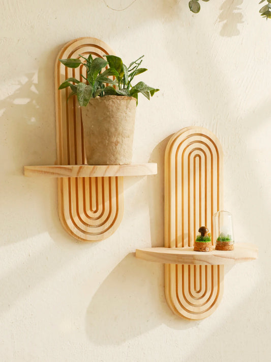 Geometric Natural Wood Wall Mounted Display Shelf