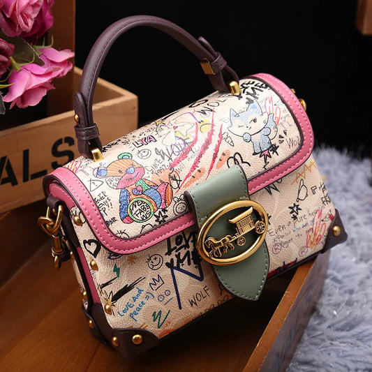 Vintage Graffiti Bear Top Handle Satchel Bag