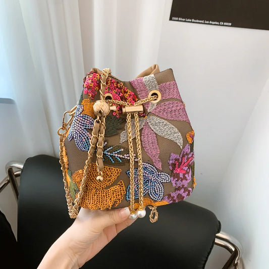 Floral Embroidered Bucket Crossbody Bag