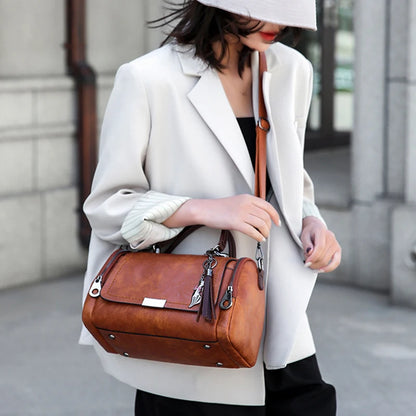 Vintage PU Leather Boston Handbag