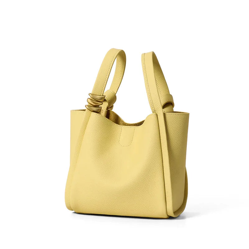 Genuine Leather Yellow Bucket Tote Bag for Women