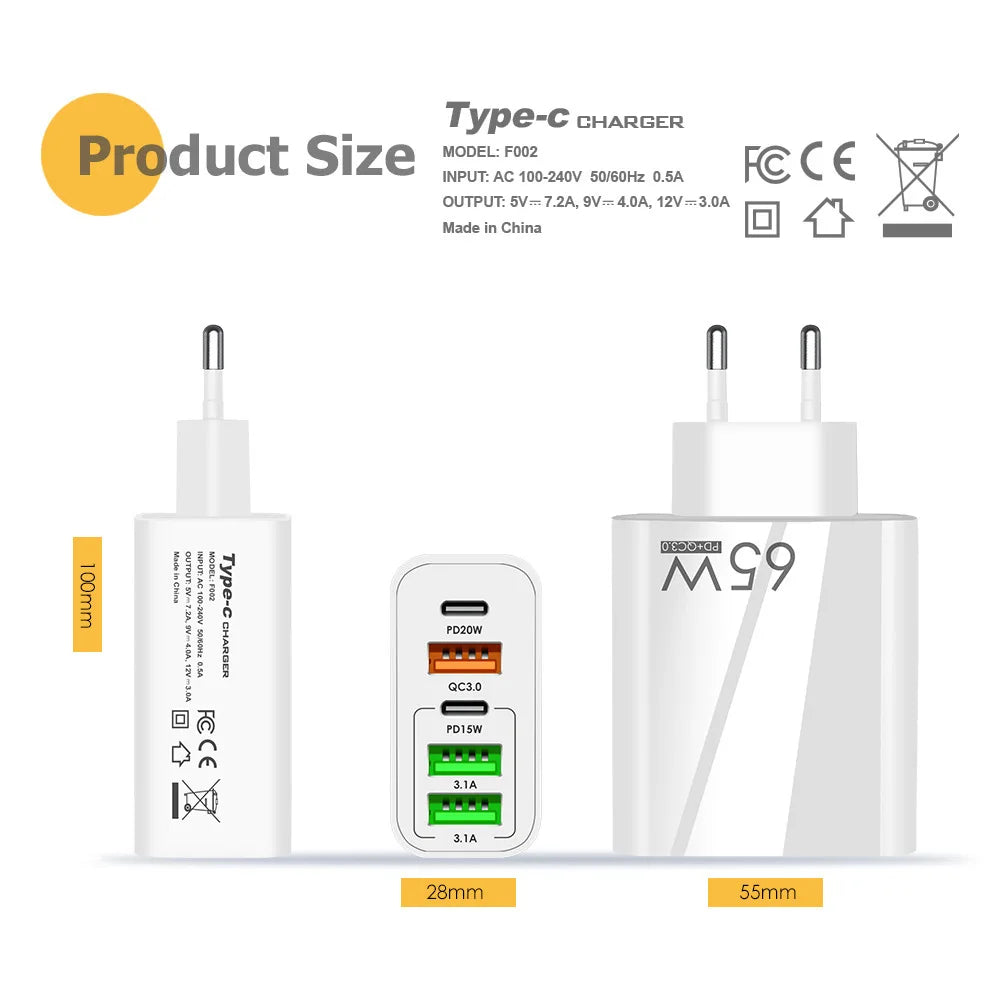 65W 5-Port USB & USB-C Fast Wall Charger
