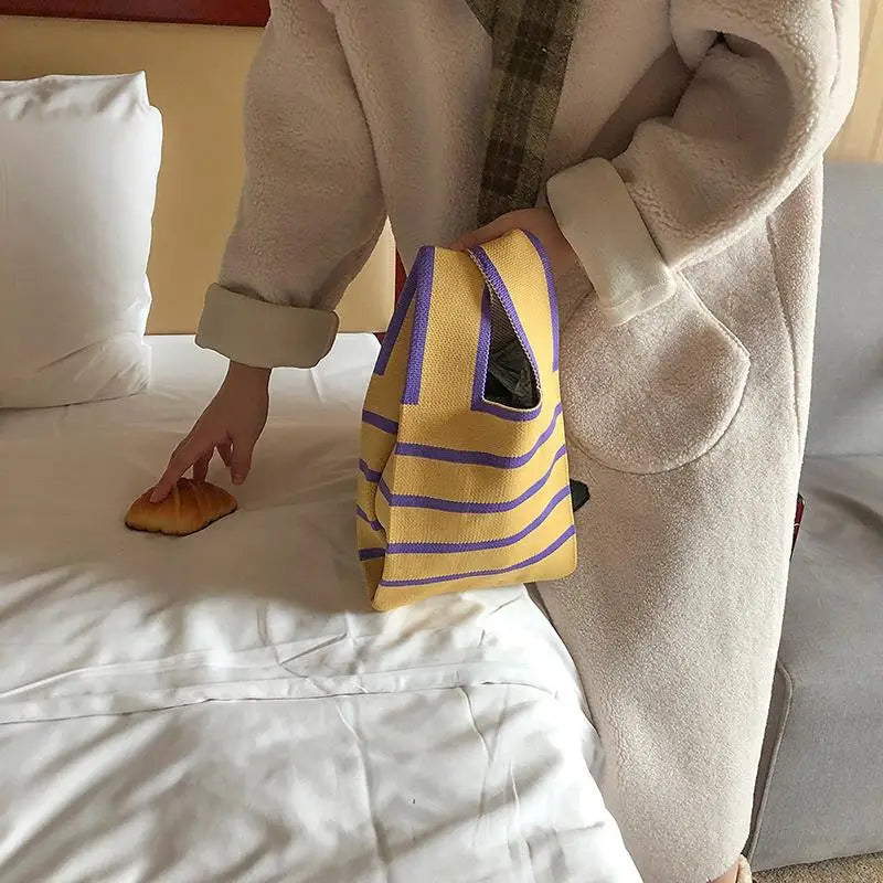 Handmade Knitted Striped Mini Tote Bag