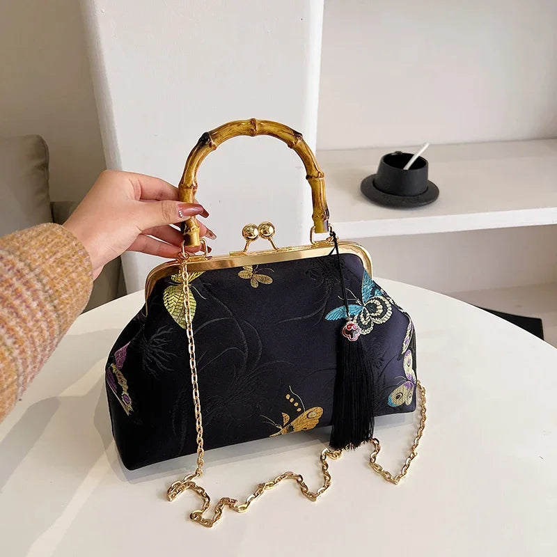 Luxury Embroidered Evening Handbag with Bamboo Handle