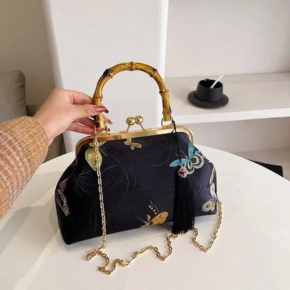 Luxury Embroidered Evening Handbag with Bamboo Handle