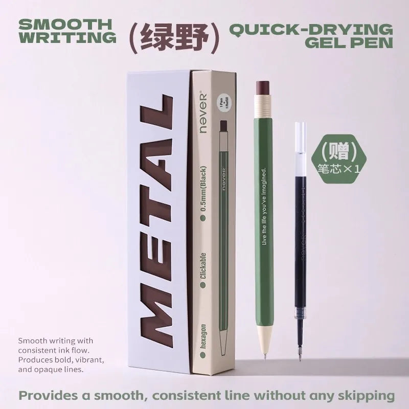 Never Hexagonal Bar Metal Retractable Gel Pen 0.5mm Quick-Drying & Weighted Black Signature Pen Aesthetic Stationery Gift
