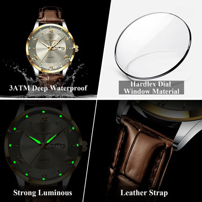 Men's Leather Quartz Watch with Date & Week Display