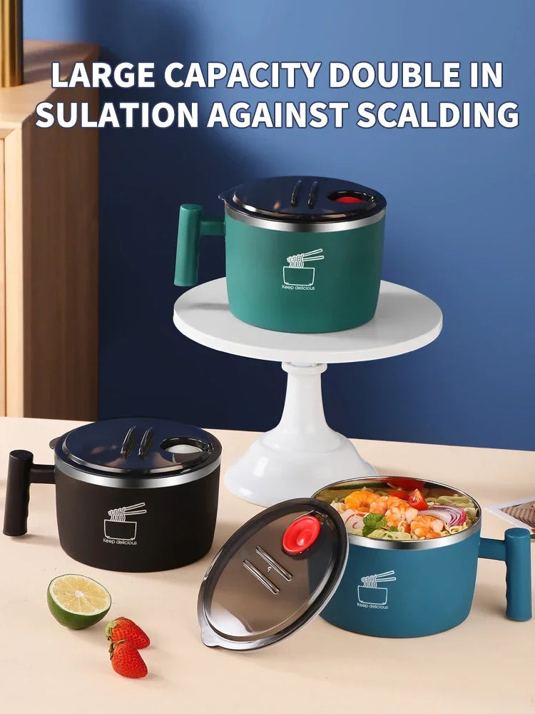 Insulated Stainless Steel Instant Noodle Bowl with Lid & Built-In Strainer