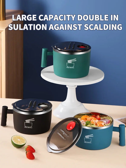 Insulated Stainless Steel Instant Noodle Bowl with Lid & Built-In Strainer