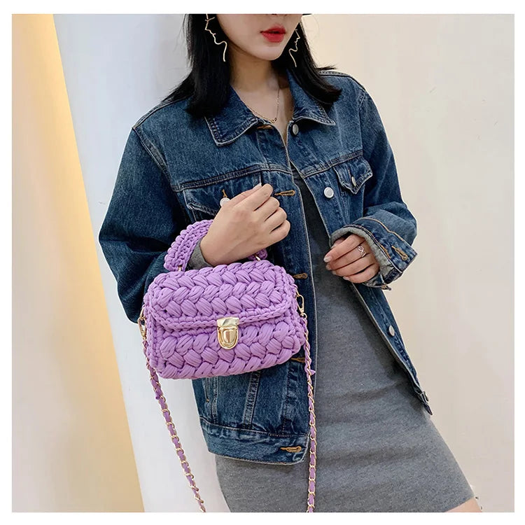 Woven Cotton Chain Crossbody Handbag