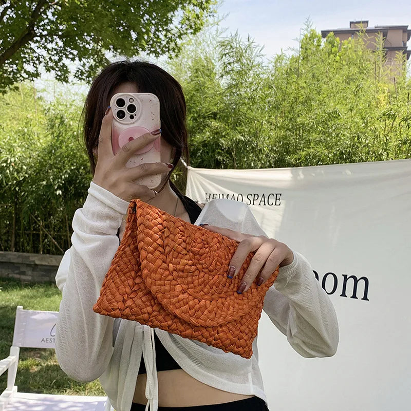 Women’s Handwoven Straw Envelope Clutch Bag