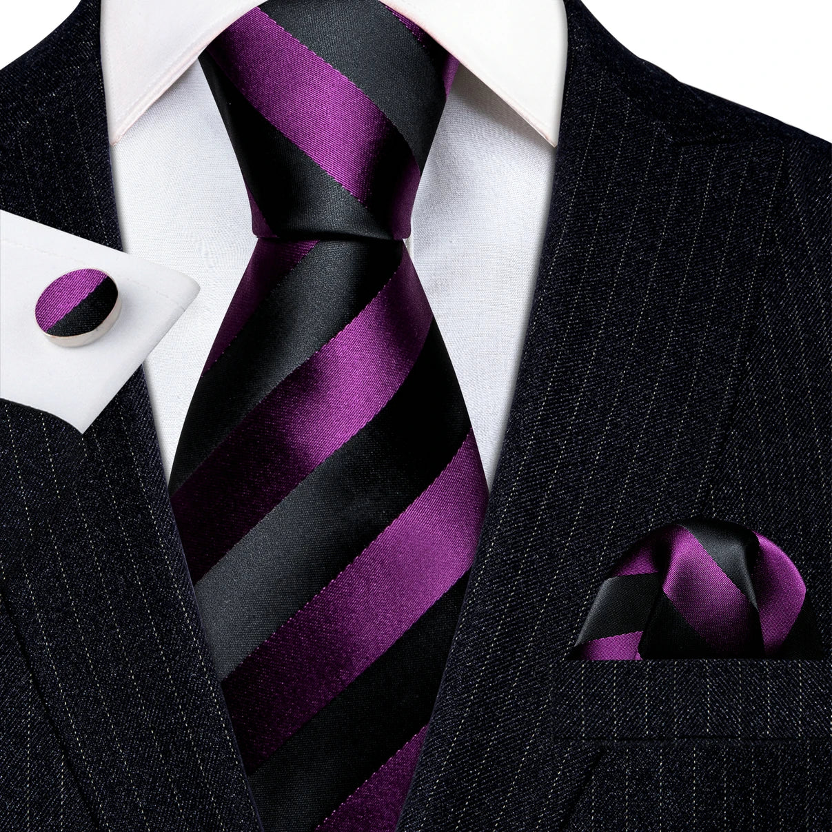 Barry Wang Jacquard Striped Silk Men's Tie Pocket Square Cufflinks Set