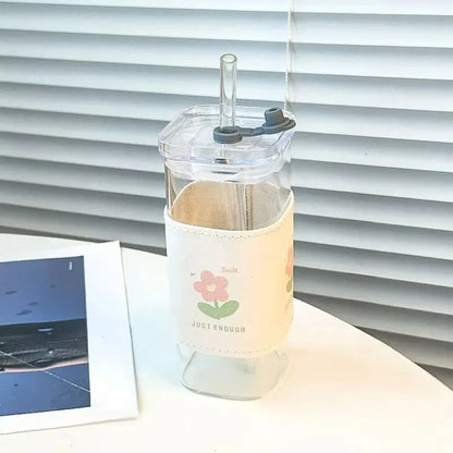 Heat-Resistant Borosilicate Glass Tumbler with Lid and Reusable Straw