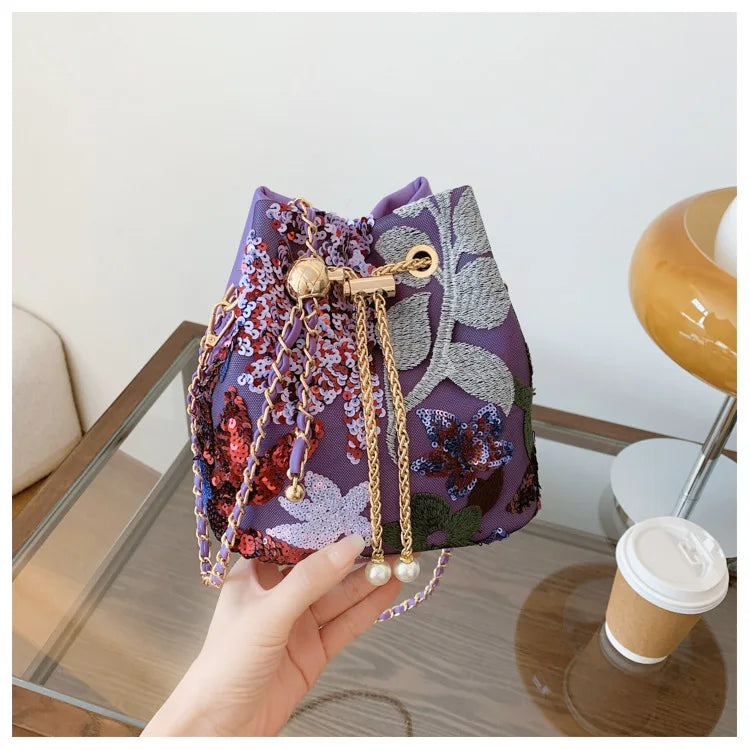 Floral Embroidered Bucket Crossbody Bag