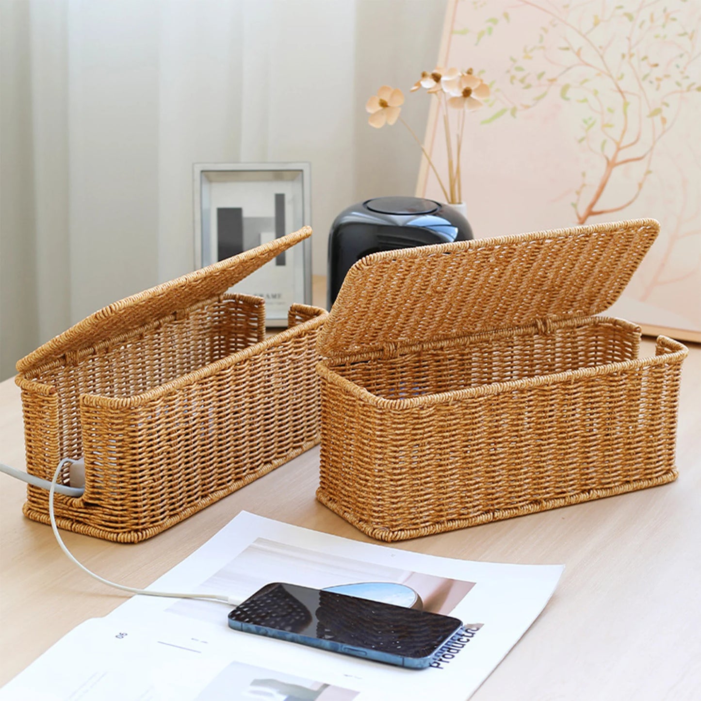 Hand-Woven Cable Storage Box Organizer