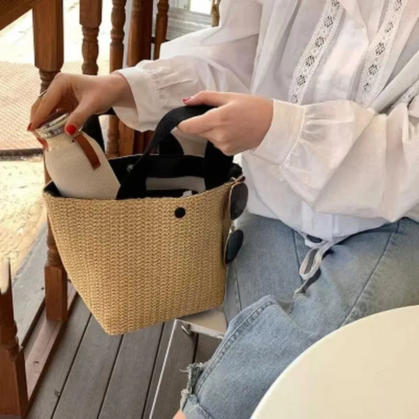 Woven Straw Bucket Tote Bag