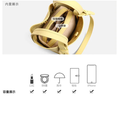 Genuine Leather Yellow Bucket Tote Bag for Women