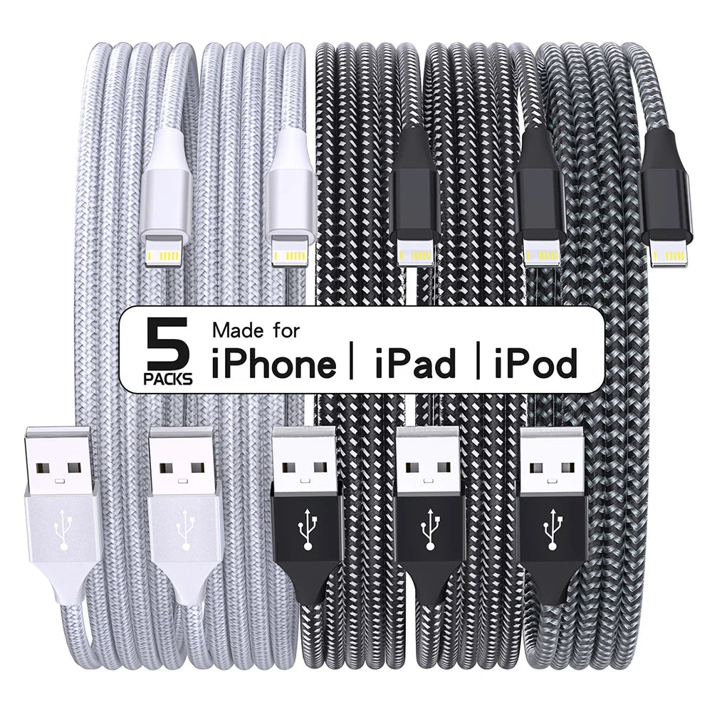 5-Pack Braided USB to Lightning Charging Cables