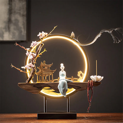 Ceramic Waterfall Incense Holder with LED Ring & Lotus Decor