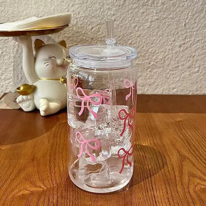 Butterfly Bow Glass Tumbler with Straw & Leakproof Lid
