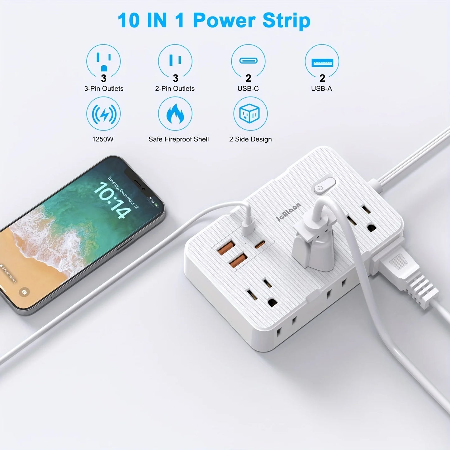 Ultra Thin US Power Strip with 6 Outlets & 4 USB Ports